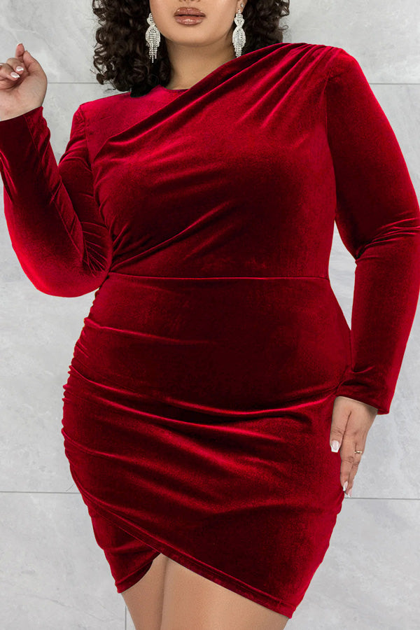 Feminine Plus Size Solid Color Velour Long Sleeve Slim Fit Mini Dress