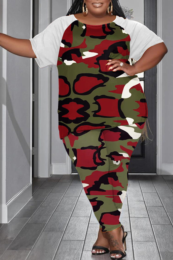 Casual Plus Size Print Stitching Solid Color Half Sleeve T-shirt Print Leggings Set
