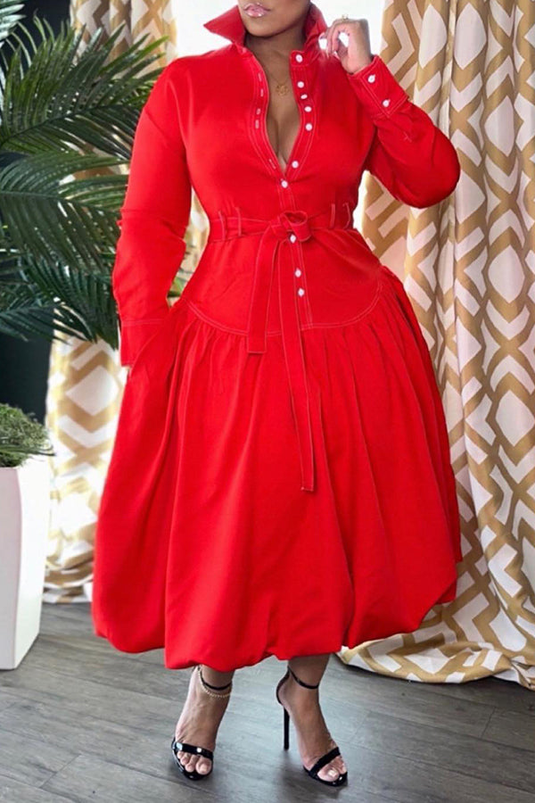 Fashion Red Shirt Collar Long Sleeve Lace-Up Bubble Maxi Dress