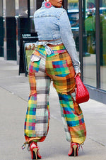 Casual Color Contrasting Plaid Stitching Raw Edge Lace-Up Straight Leg Pants