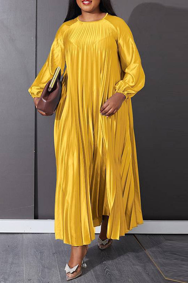 Simple Plus Size Solid Color Satin Long Sleeve Round Neck Pleated Maxi Dress