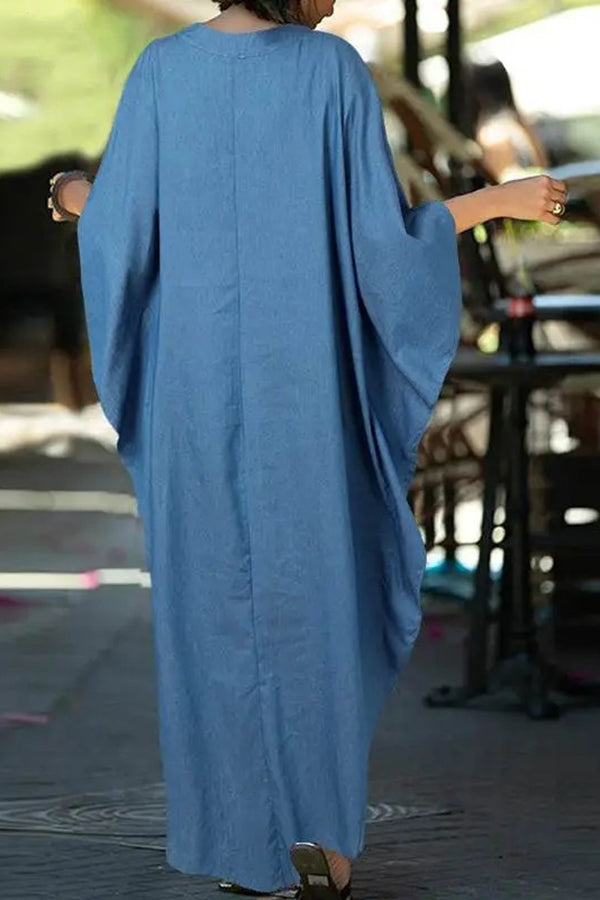 Casual Batwing Sleeve V-Neck Solid Color Denim Plus Size Maxi Dress