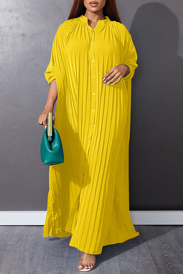 Simple Plus Size Long Sleeve Solid Color Pleated Loose Maxi Dress