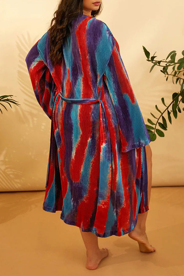 Casual Plus Size Gradient Stripe Print Lace-Up Midi Cardigan Shorts Set