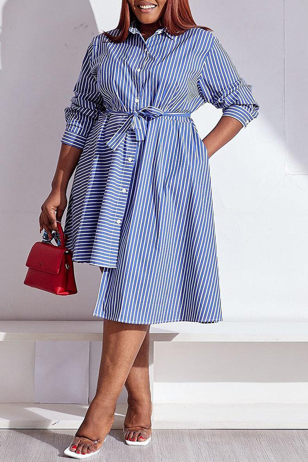 Fashion Stripe Print Long Sleeve Asymmetric Lace-Up Midi Dress