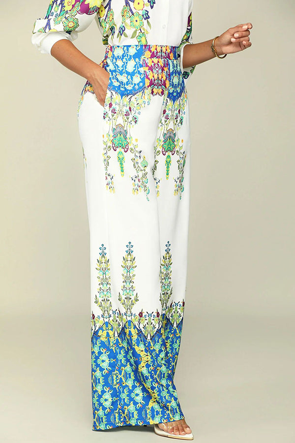 Fashion Flower Print Long Sleeve Blouse Straight-Let Pant Suits