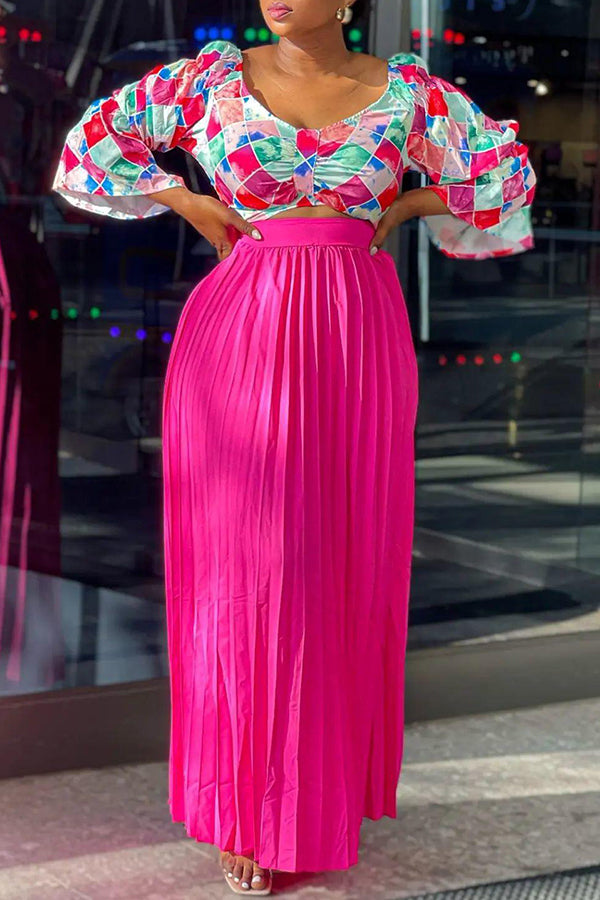 Fashion Print Half Sleeve V-Neck Short Top Solid Color Pleated Long Skirt Suits