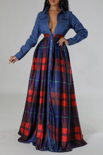 Elegant Single Breasted Plaid Patchwork Long Sleeve Maxi Dress