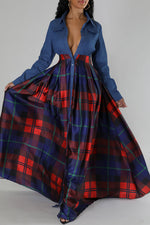 Elegant Single Breasted Plaid Patchwork Long Sleeve Maxi Dress