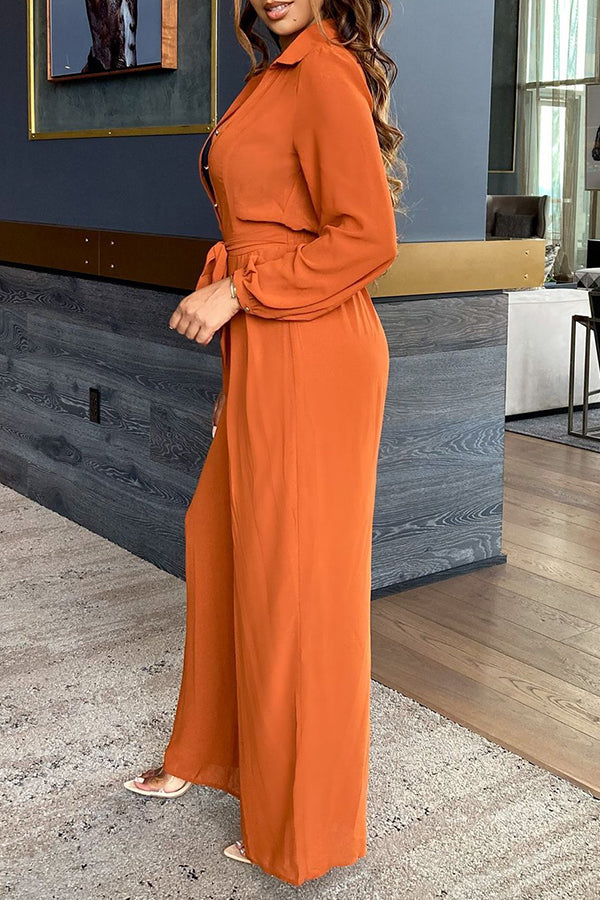 Classic Long Sleeve Solid Color Lace-Up Shirt Collar Wide-Leg Jumpsuits
