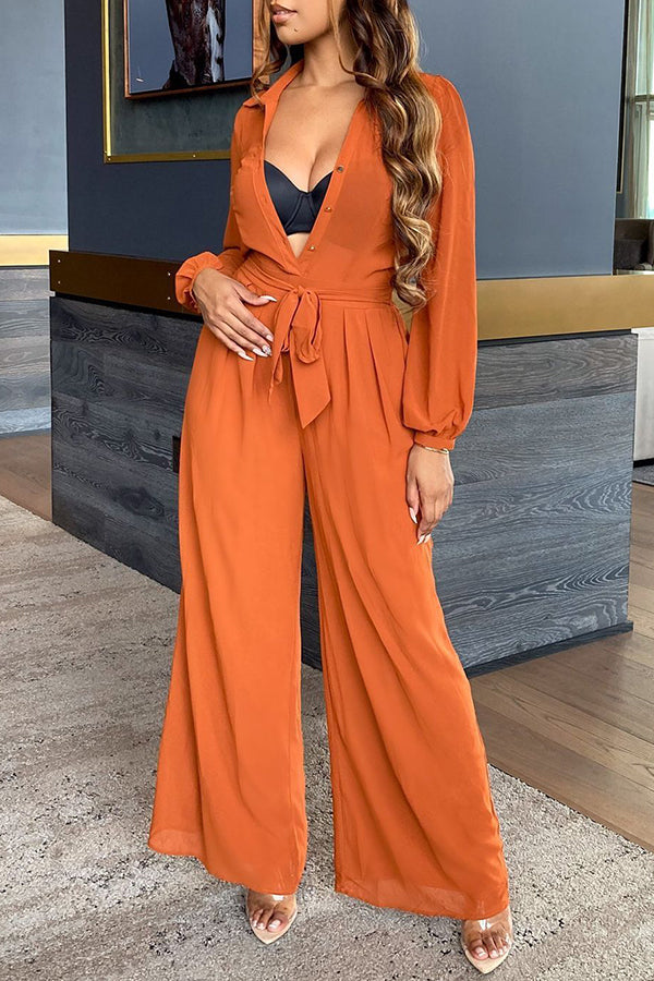 Classic Long Sleeve Solid Color Lace-Up Shirt Collar Wide-Leg Jumpsuits