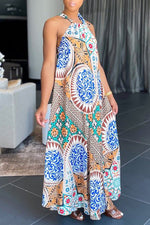 New style lace up skirt digital print sleeveless maxi dress