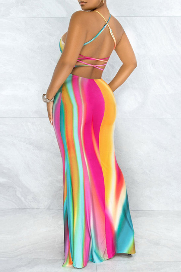  New Digital Printed Backless Tie Rope Sexy Dress