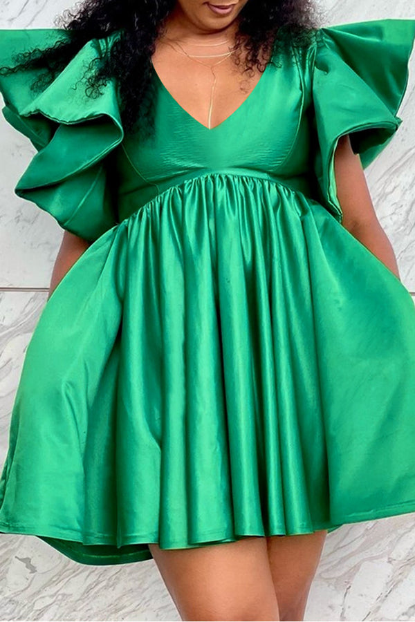  High Waist Mini Dress Fluffy Solid Color Bubble Short Sleeve V Neck Party Dress