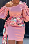 Fashionable Slanted Shoulder Puff Sleeve Printed Streamer Slim Dress