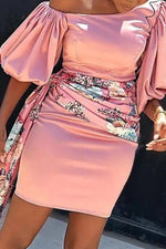 Fashionable Slanted Shoulder Puff Sleeve Printed Streamer Slim Dress