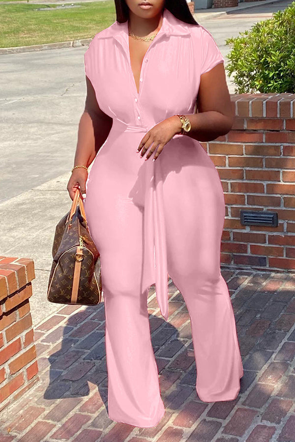Fashion Shirt Collar Buttoned Wide Leg Jumpsuit Belted