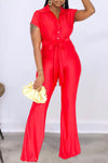 Fashion Shirt Collar Buttoned Wide Leg Jumpsuit Belted