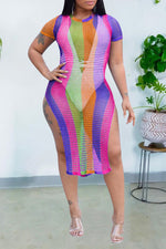 Fashion Print Striped Short Sleeve Dress with Side Splits