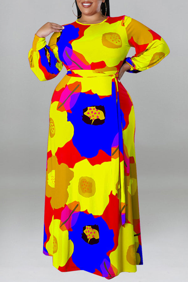  Fashion Long Sleeve Big Flower Print Dress