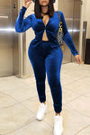  Fashion Casual Gold Velvet Sweater Sweater Long Sleeve Blue Pants Solid Color Suit