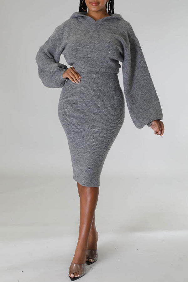  Fashion New Long Sleeve Solid Color Knit Hooded Dress