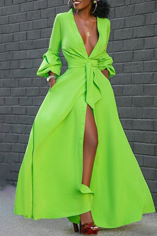 Elegant Sexy Pile Sleeve Solid Color Slit Dress