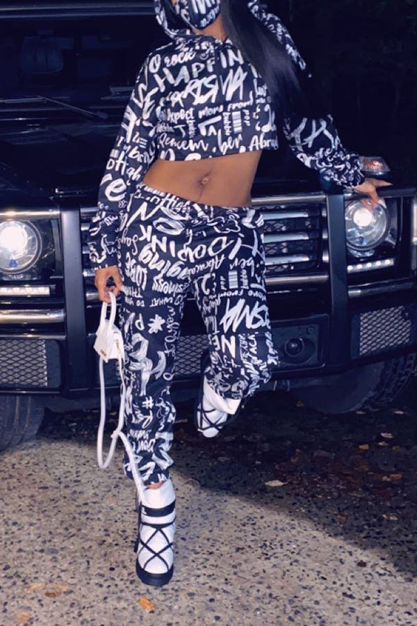  Fashion Casual Letter Print Trousers Long Sleeve Two-piece Set