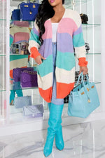  Fashion Multicolor Striped Panel Knit Long Sleeve Jacket