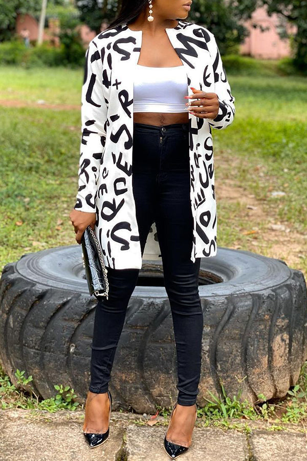  Fashion Casual Round Neck White Printed Mid-Length Jacket
