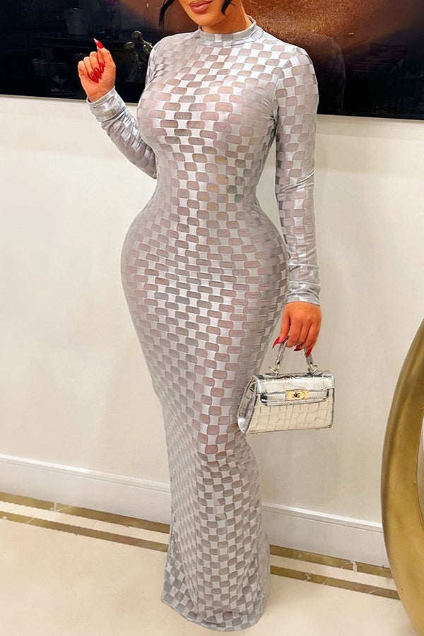Fashion Sexy See-through Round Neck Long Sleeve Dress