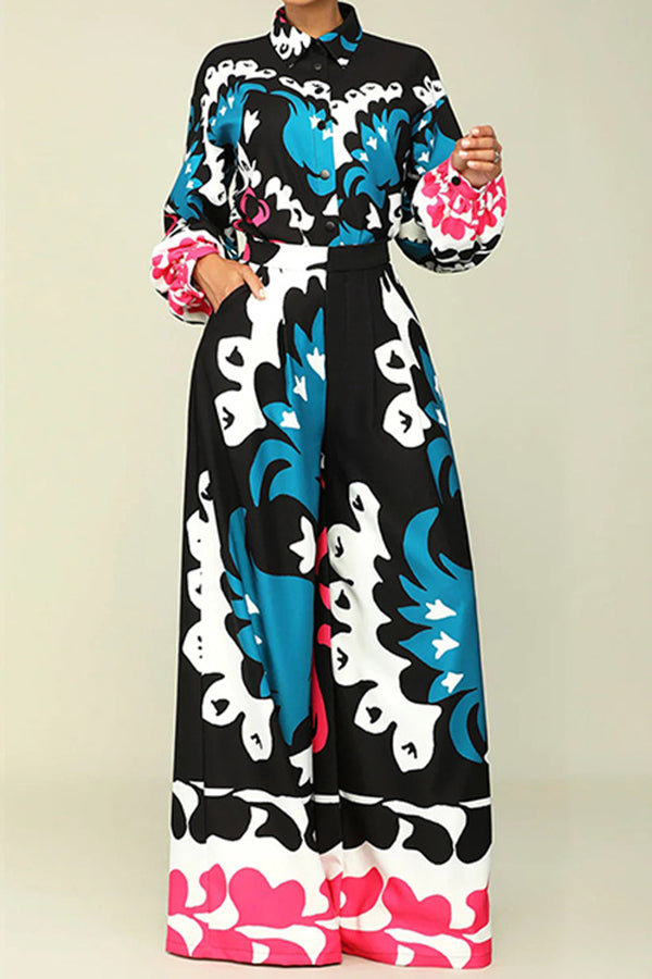 Stylish Printed Long-Sleeved Straight Pants Suit