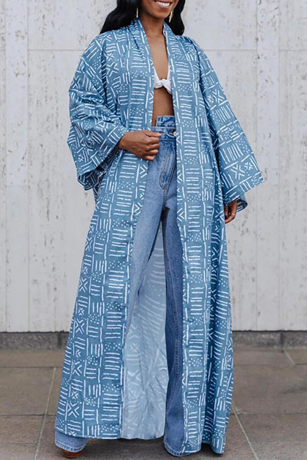 Multi-Length Fashion Print Collarless Plus Size Kimono