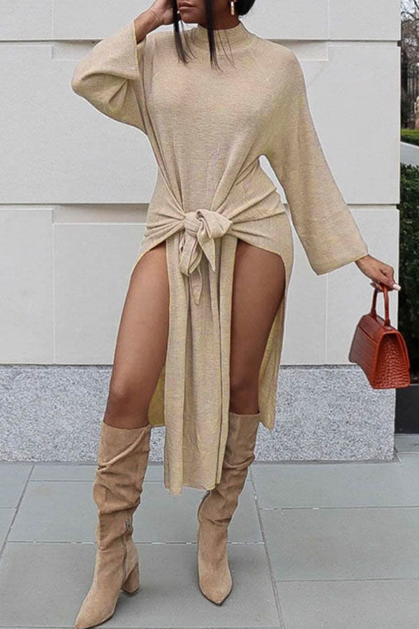 Casual Loose Solid Knotted Side Slit Midi Dress