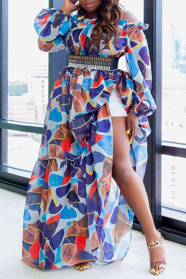 Fashion Print Off Shoulder Plus Size Ruffled Maxi Dress