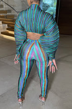 Colorful Striped Drawstring Sleeve Pants Suit