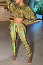 Colorful Striped Drawstring Sleeve Pants Suit