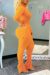 High Neck Solid Long Sleeve Ruched Pants Suit