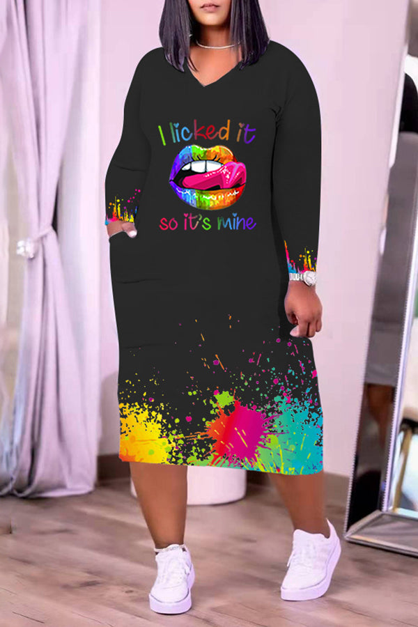 Lip Inkjet Print V-neck Pocket Plus Size Midi Dress
