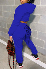 Casual Solid Lace Up Back Hoodie Pants Suit