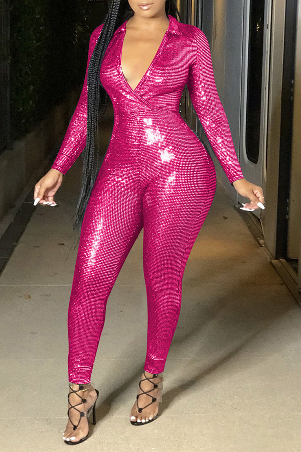 Sexy Sequins Deep V Neck Long Sleeve Jumpsuit