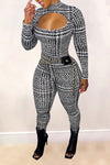 Sexy Houndstooth Cutout Long Sleeve Jumpsuit