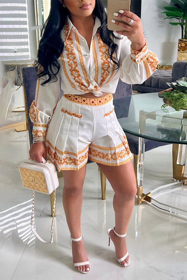 Floral Print Shirt Top & Pleated Shorts Set