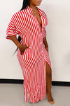 Casual Striped Short Sleeve Button Shirt Maxi Dress