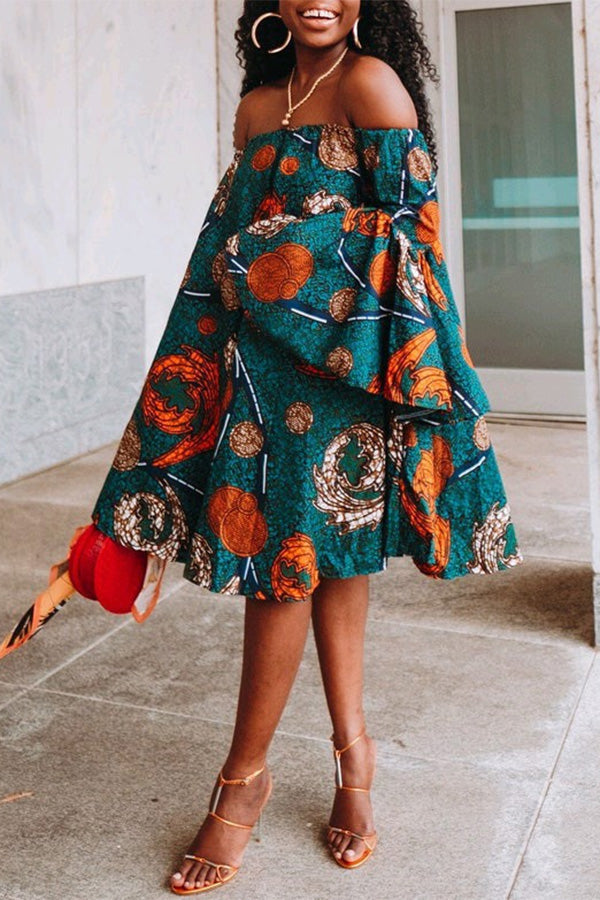 Off Shoulder Floral Bell Sleeve Ruffle Plus Size Midi Dress